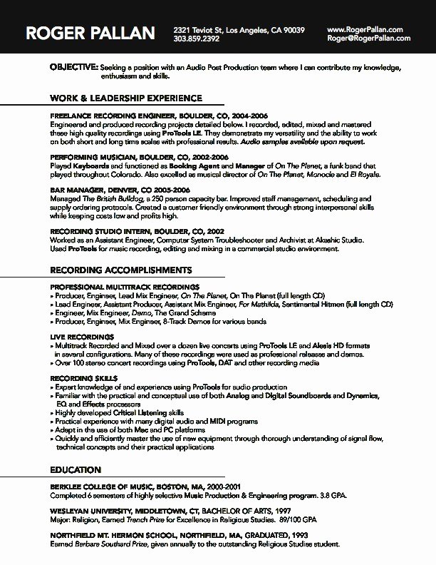 Audio Engineer Resume Sample New Music Recording Engineer Sample Resume