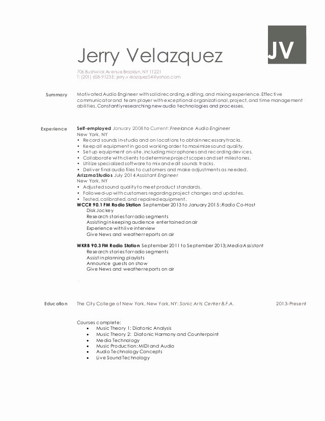 Audio Engineer Resume Sample Unique Jerry Velazquez Audio Engineer Resume