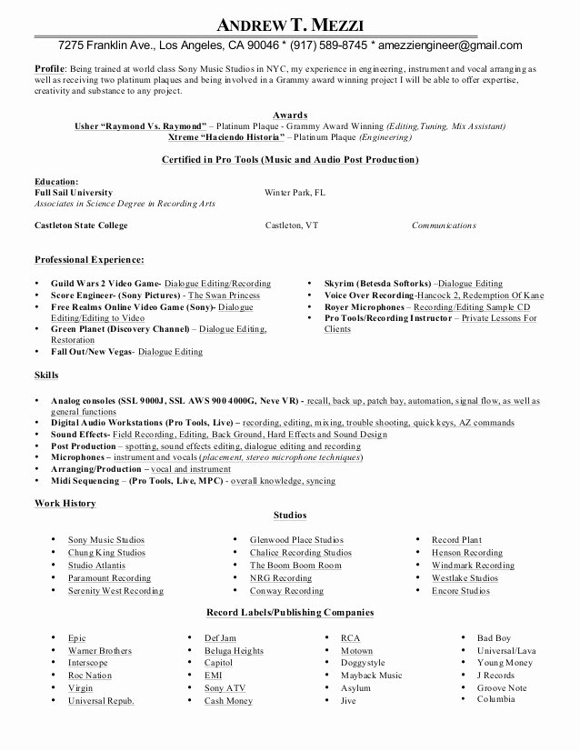 Audio Engineer Resume Sample Unique Resume Audio Engineer New 2015 New