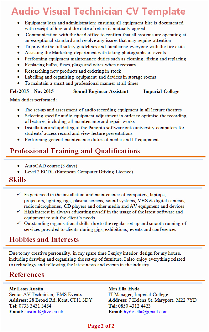 Audio Visual Technician Resume Awesome Audio Visual Technician Cv Template 2