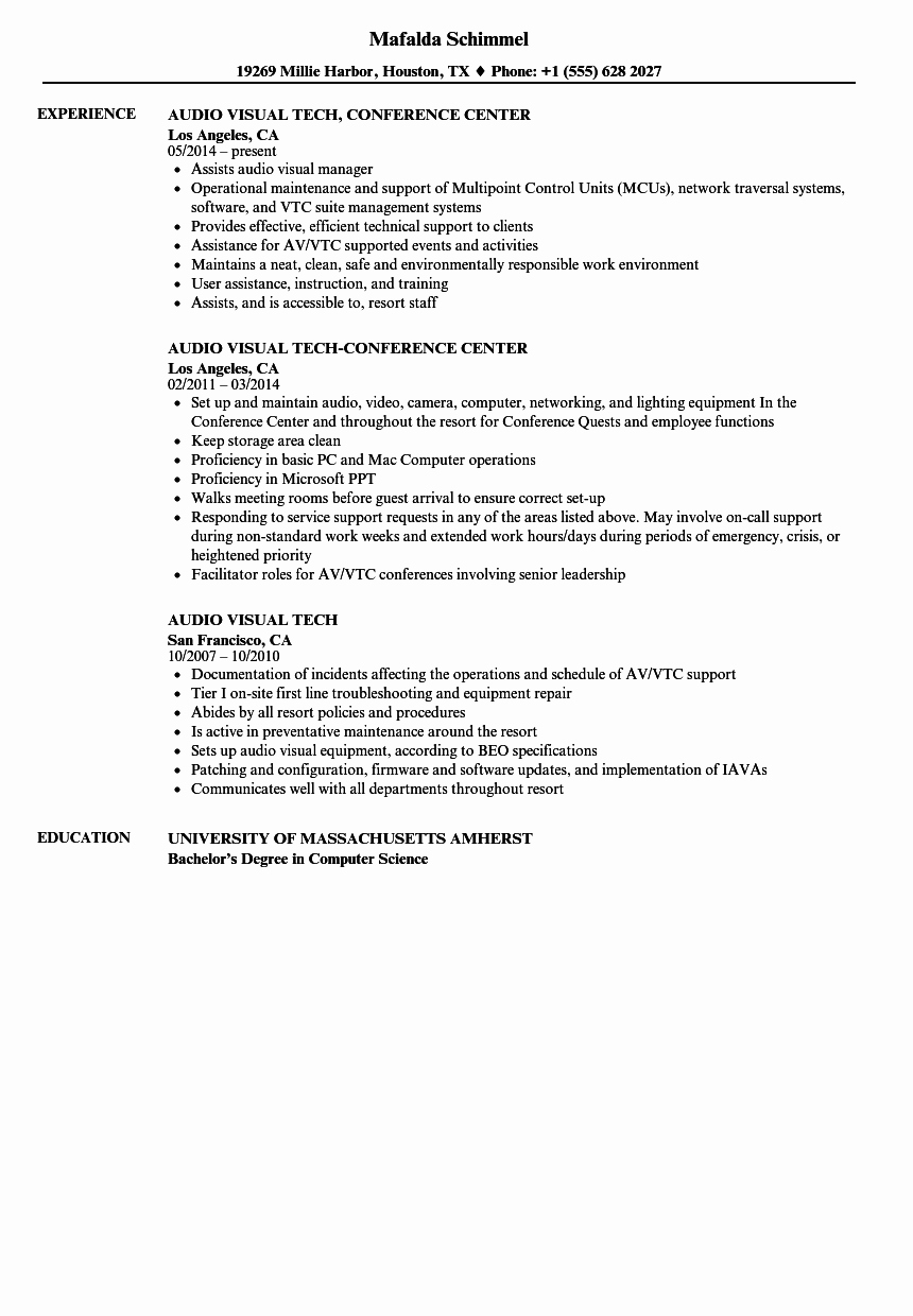 Audio Visual Technician Resume Lovely Audio Visual Tech Resume Samples