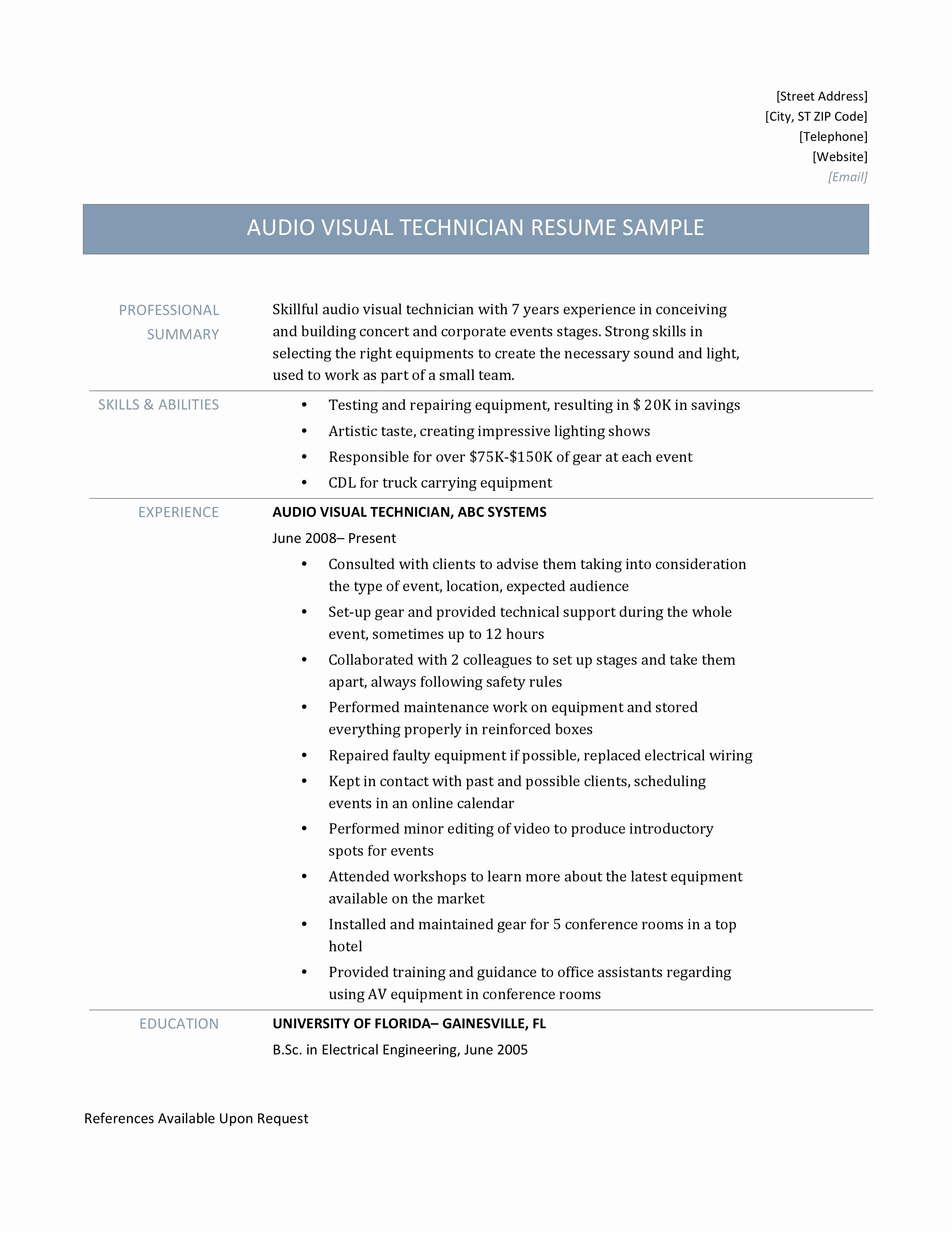 Audio Visual Technician Resume Lovely Video Technician Resume Sample