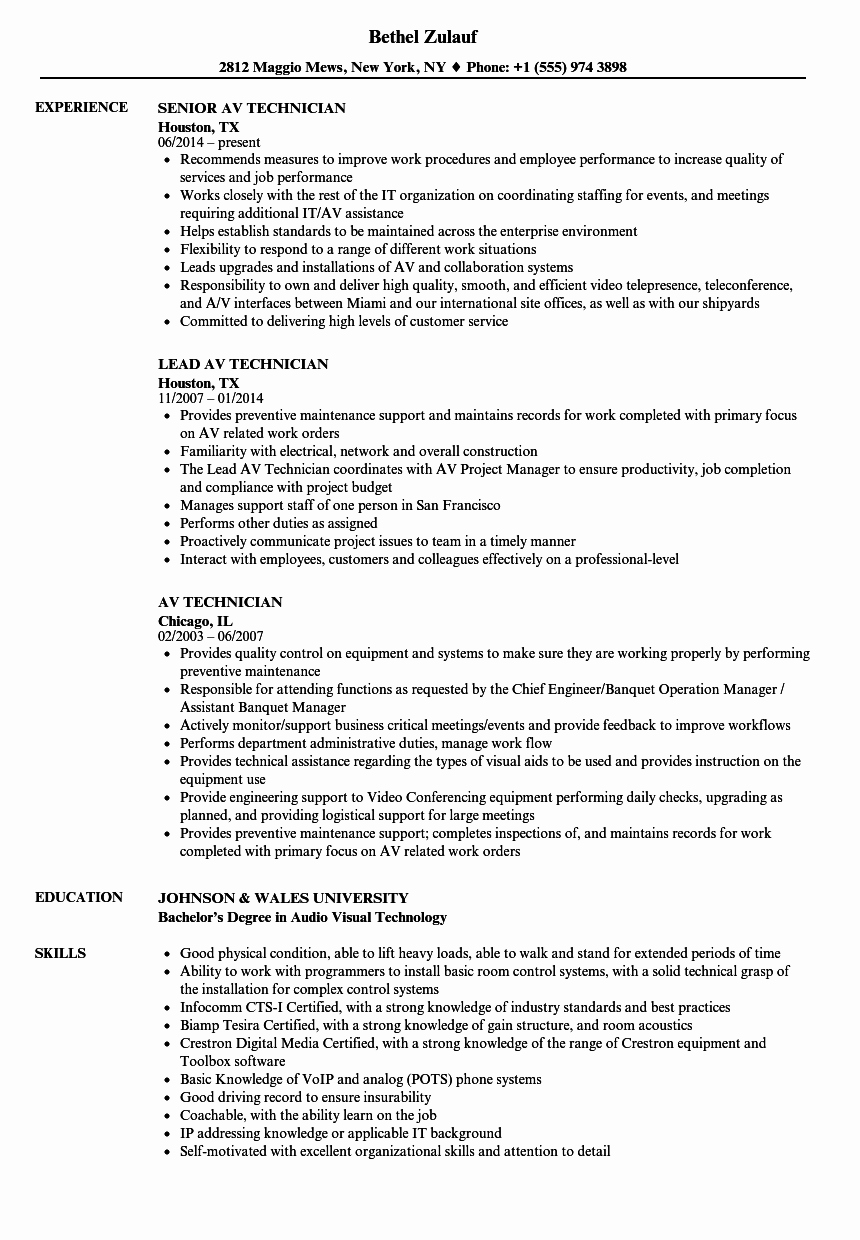 Audio Visual Technician Resume New Av Technician Resume Samples