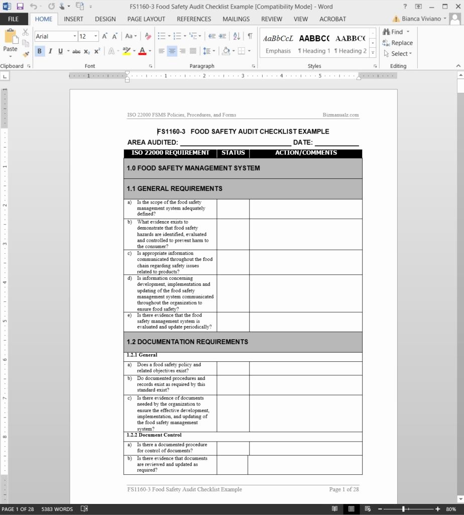 Audit Agenda Template Luxury Fsms Food Safety Audit Checklist Template