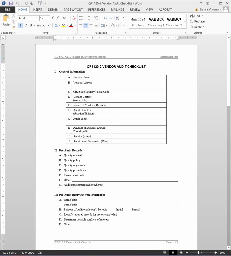 Audit Agenda Template Luxury Vendor Audit Checklist iso Template