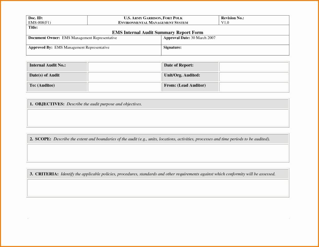 Audit Summary Template Luxury Interesting Ems Internal Audit Summary Report form Example