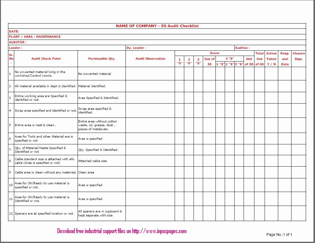 Audit Template Excel Luxury 5s Audit Checklist for Maintenance