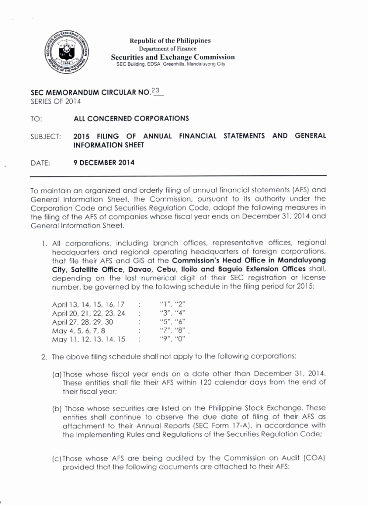 Audited Financial Statements Sample New Sec Schedule Dates or Deadlines for the 2015 Submission