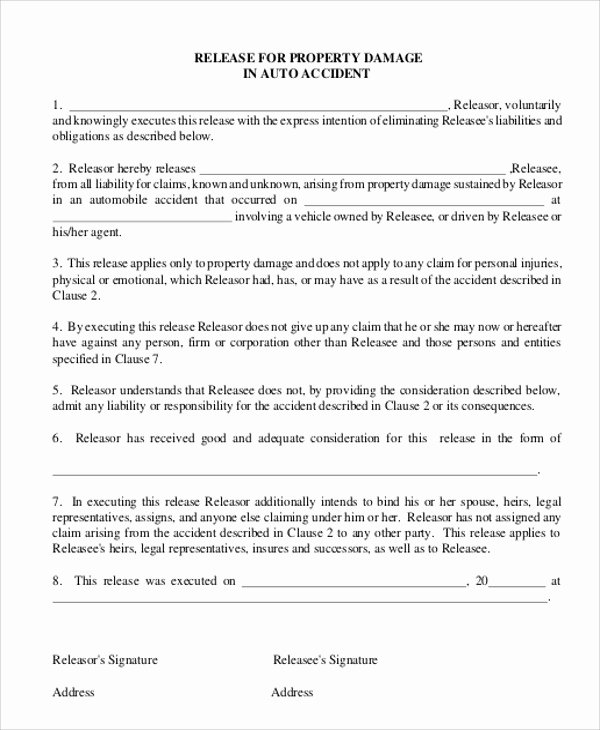Auto Accident Settlement Agreement Sample Elegant Sample Accident Release form 9 Examples In Word Pdf