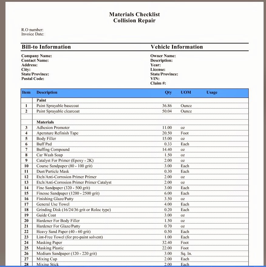 Auto Repair Checklist Template Inspirational Pmclogic Paint &amp; Material Calculator