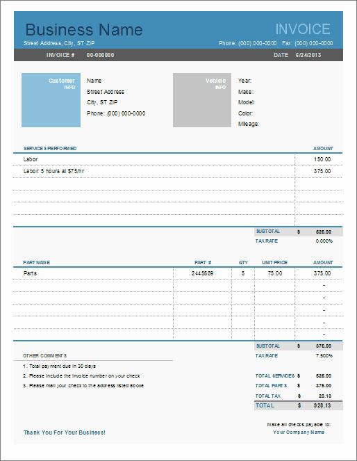 Auto Repair Checklist Template Luxury Auto Repair Invoice Template for Excel