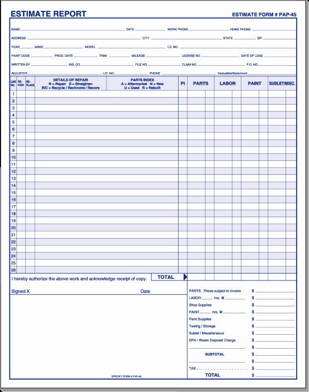 Auto Repair Estimate form Pdf Best Of Auto Body Repair Estimate Template