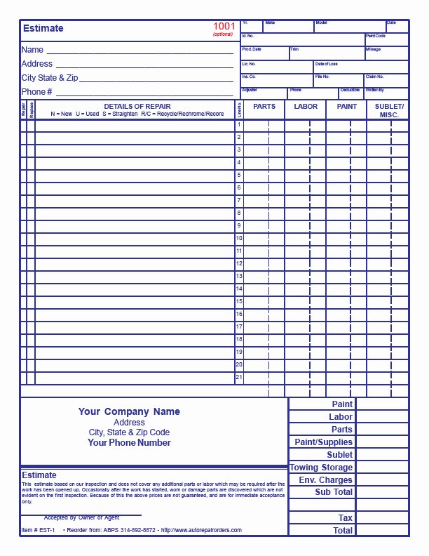 Auto Repair Estimate form Pdf Elegant Free Auto Body Estimate forms