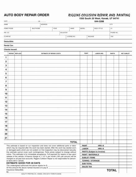 Auto Repair Estimate form Pdf Lovely Collision Repair Estimate Template Auto Body Shop