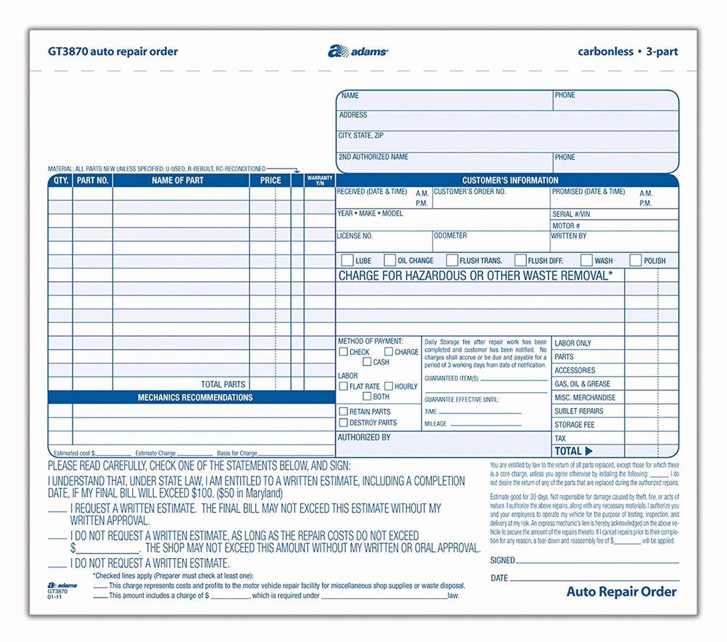 Auto Repair Estimate form Pdf Unique Adams Auto Repair order forms 8 5 X 7 44 Inch 3 Part