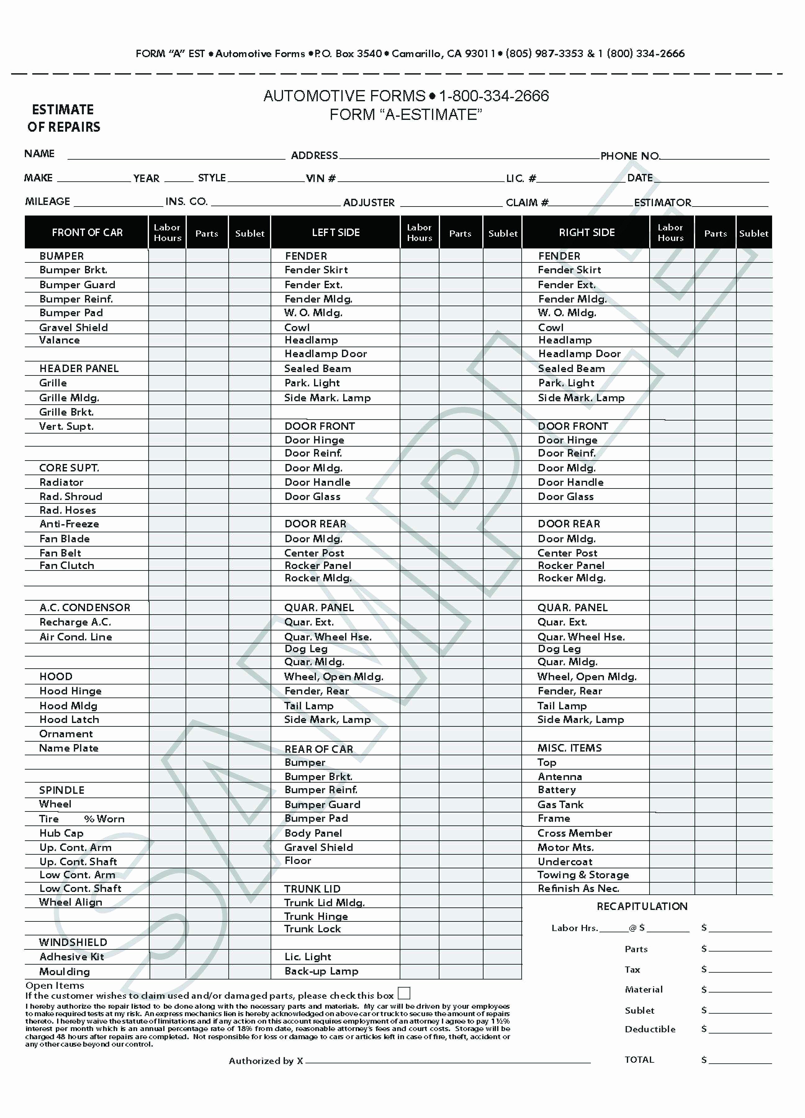 Auto Repair Estimate form Pdf Unique Free Printable Auto Body Repair Estimate forms Cover