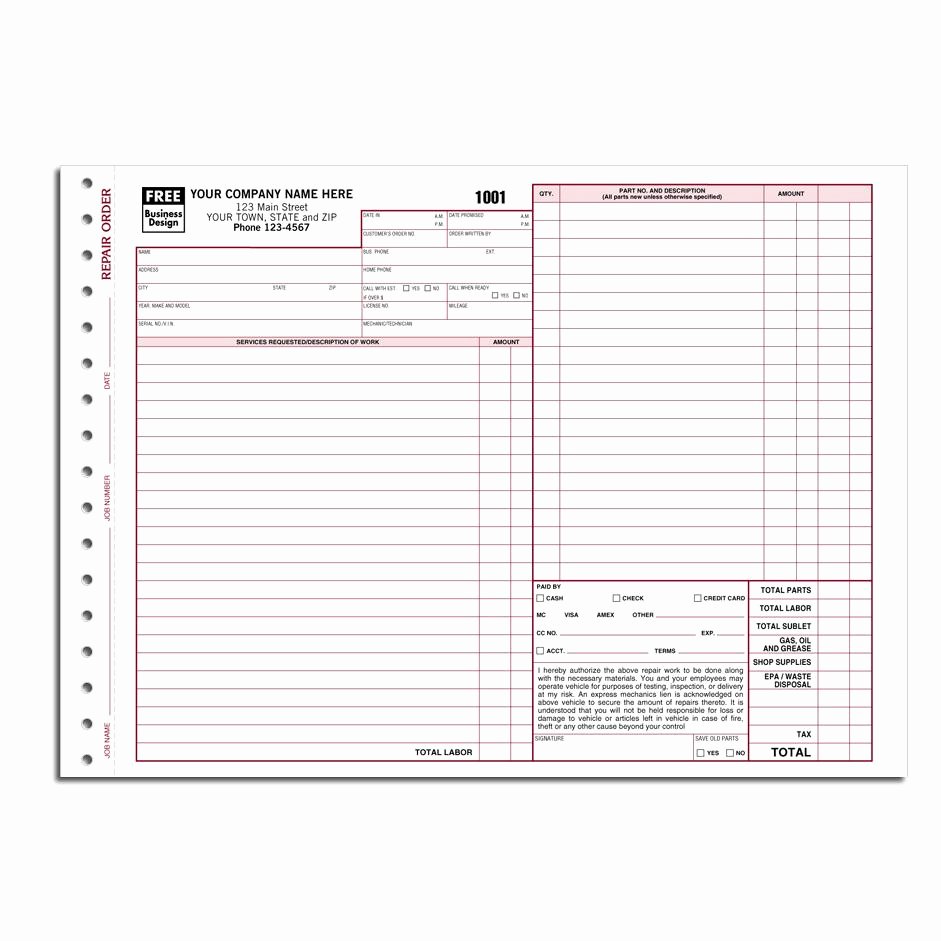 Auto Repair order Template Word Awesome Auto Repair Invoice Custom Carbonless Printing