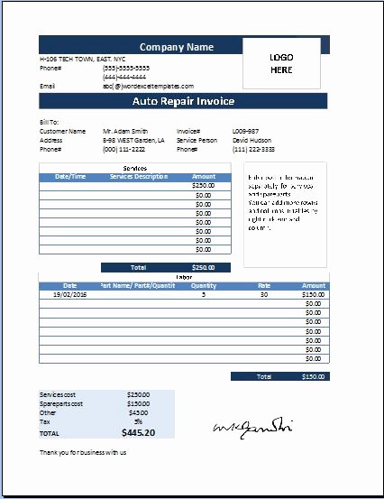 Auto Repair order Template Word Best Of Ms Excel Auto Repair Invoice Template