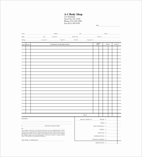 Auto Repair order Template Word Elegant Free Printable Auto Body Repair Estimate forms Cover