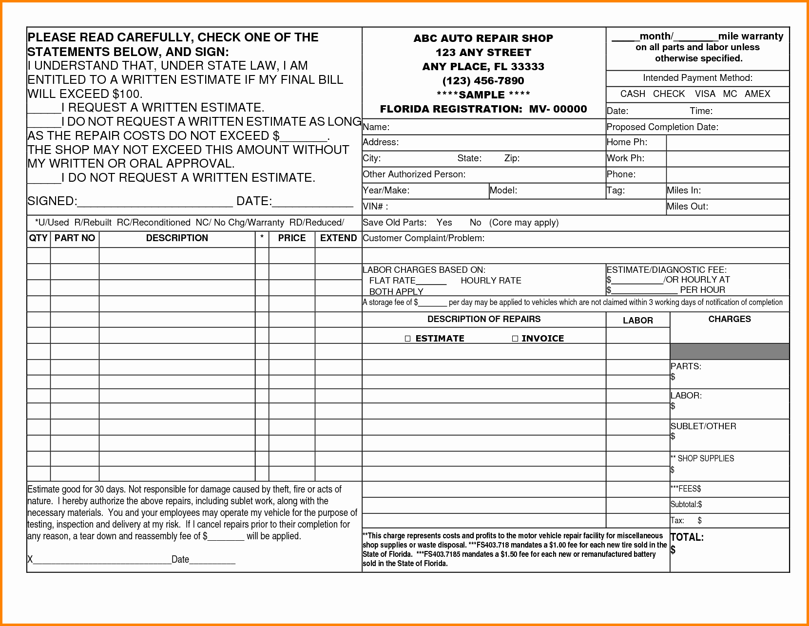 Auto Repair order Template Word Inspirational 7 Car Servicing Bill format