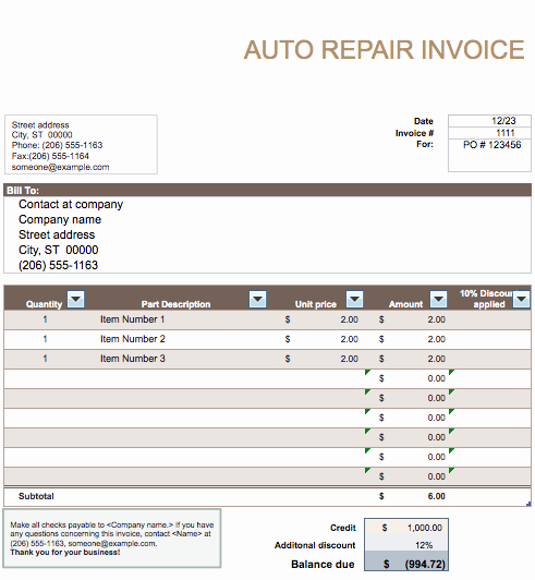 Auto Repair order Template Word New Auto Repair Invoice Template Word