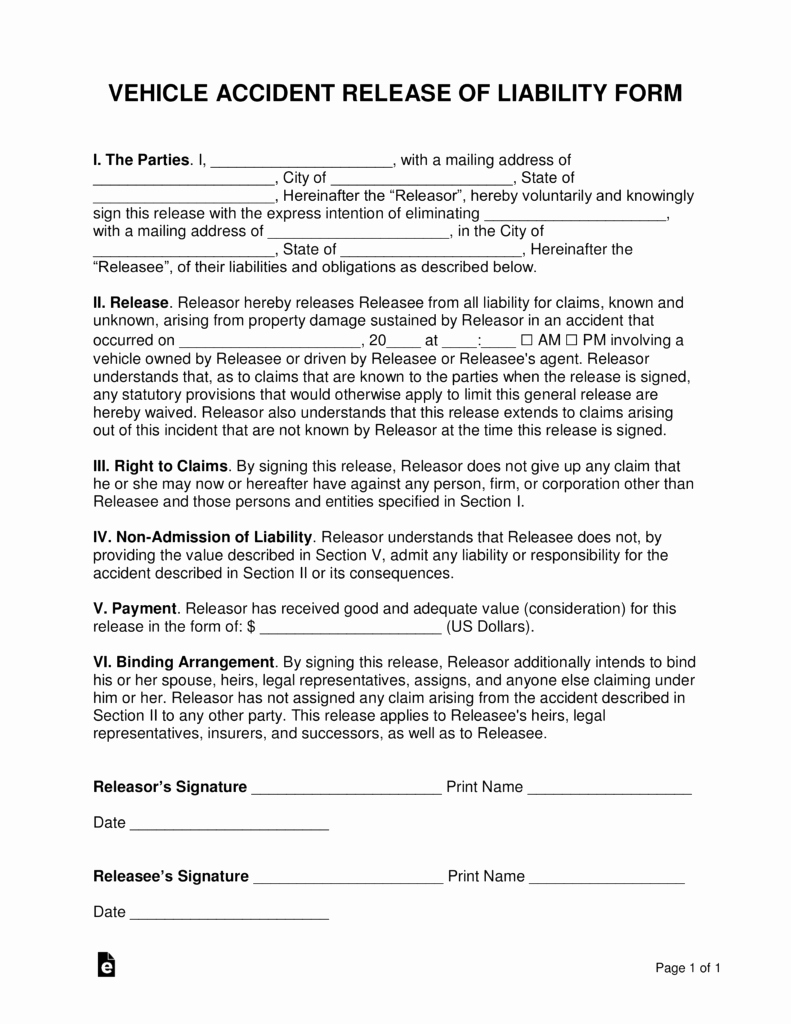 Automobile Accident form Awesome Free Car Accident Release Of Liability form Settlement