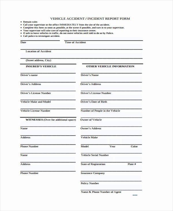 Automobile Accident form Luxury Sample Incident Report form