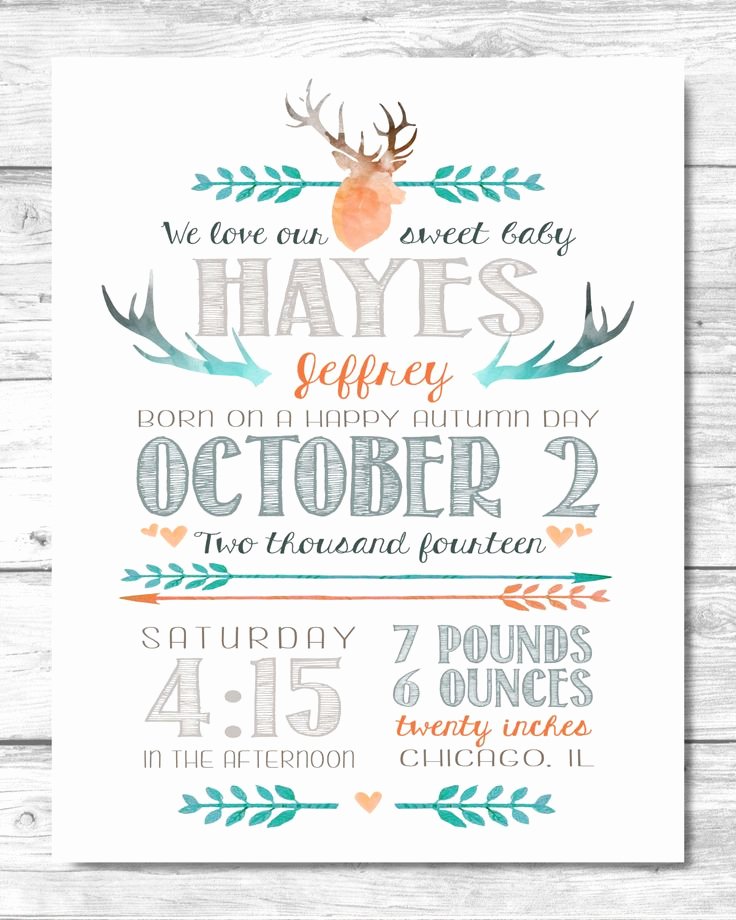 Baby Birth Stats Template Free Inspirational Baby Boy Stats Print Antlers &amp; Arrows Birth