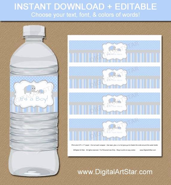 Baby Shower Water Bottle Label Template Free Awesome Elephant Party Water Bottle Labels Blue Grey Editable