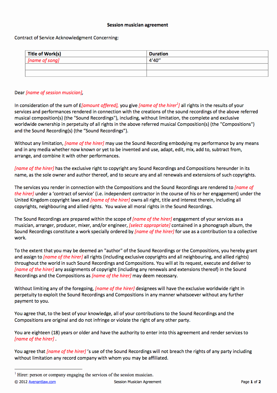 Band Contract Template Elegant Session Musician Contract Template