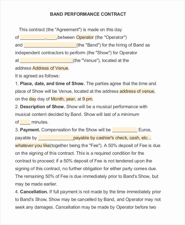 Band Contract Template Lovely 12 Performance Contract Samples &amp; Templates In Pdf Word