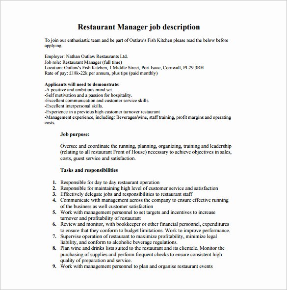 Bar Manager Job Description Resume Beautiful Restaurant Manager Job Description Templates 13 Free