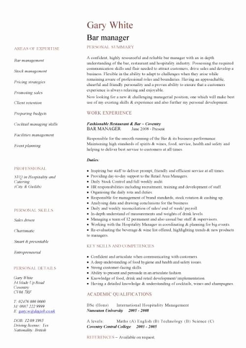 Bar Manager Job Description Resume Lovely Bar Manager Cv Sample Job Description assess Pub