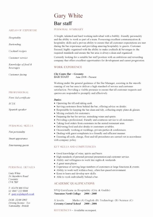 Bar Manager Job Description Resume Lovely Bar Staff Cv Sample Dining Restaurant Resume Job