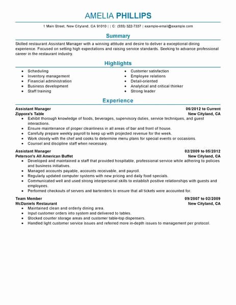 Bar Manager Job Description Resume Lovely Best Restaurant assistant Manager Resume Example