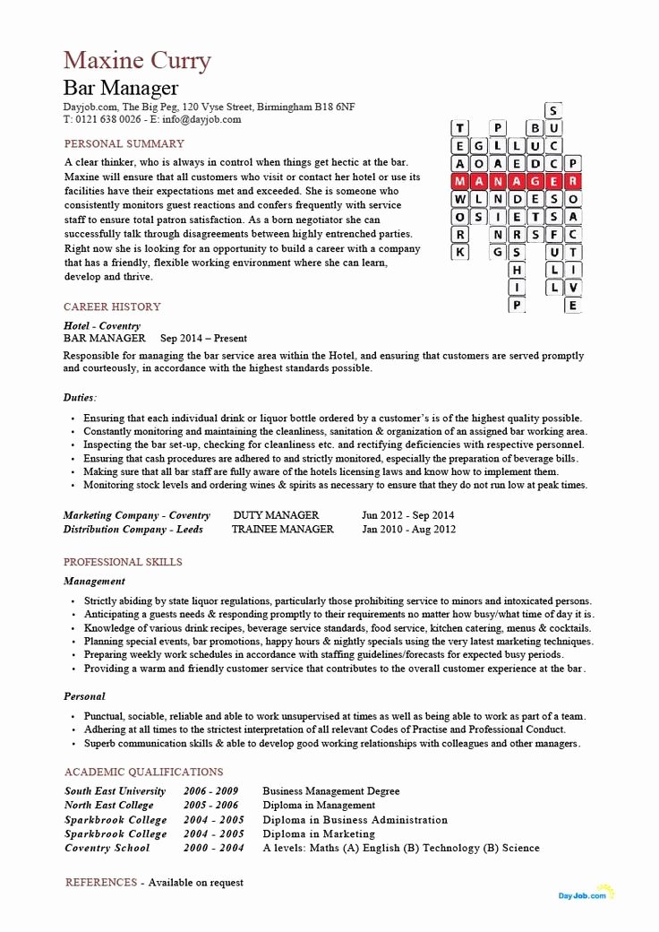 Bar Manager Job Description Resume New Bar Manager Cv Crossword Template Example Hotel General