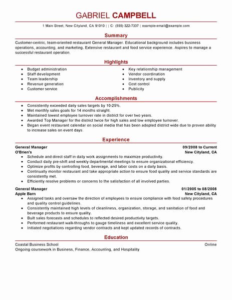Bar Manager Job Description Resume Unique Best Restaurant Bar General Manager Resume Example