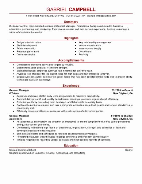 Bar Manager Job Description Resume Unique Best Restaurant Bar General Manager Resume Example