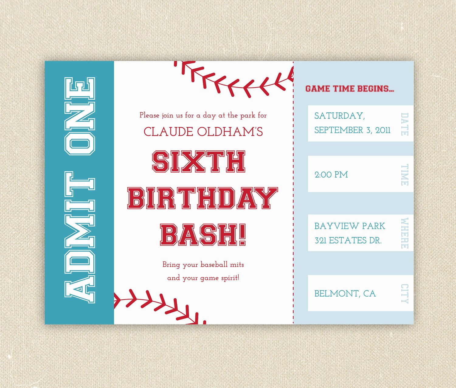 Baseball Ticket Invitation Template Free Awesome Baseball Ticket themed Birthday Party Invitation