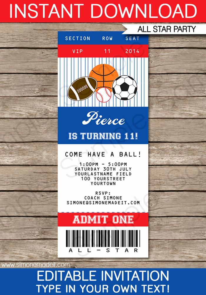 Baseball Ticket Invitation Template Free Elegant All Star Sports Ticket Invitations