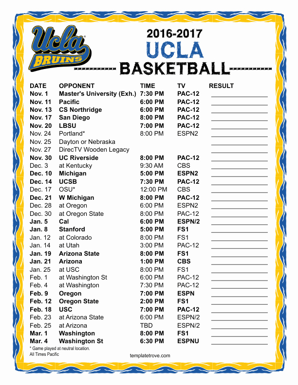 Basketball Schedule Template Awesome Printable 2016 2017 Ucla Bruins Basketball Schedule