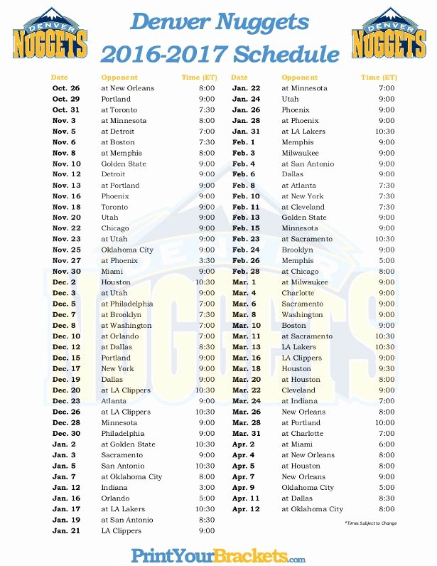 Basketball Schedule Template Elegant Printable Denver Nug S Basketball Schedule 2016 2017