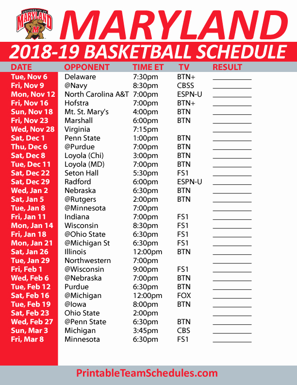 Basketball Schedule Template New Printable Maryland Basketball Schedule 2018 19