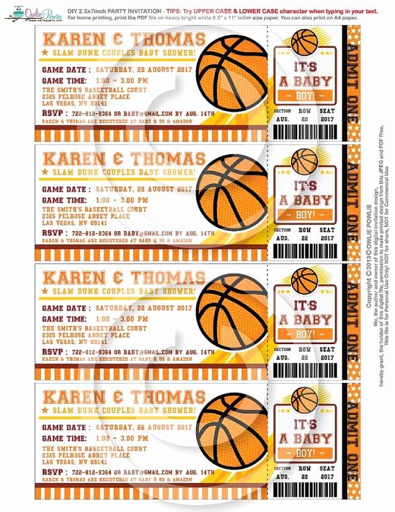 Basketball Ticket Invitation Template Free Beautiful Basketball Ticket Pass Baby Shower Printable 2 5 X 7 Inch