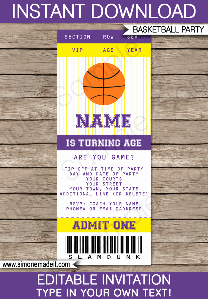 Basketball Ticket Template Lovely Yellow and Purple Basketball Party Ticket Invitation Template