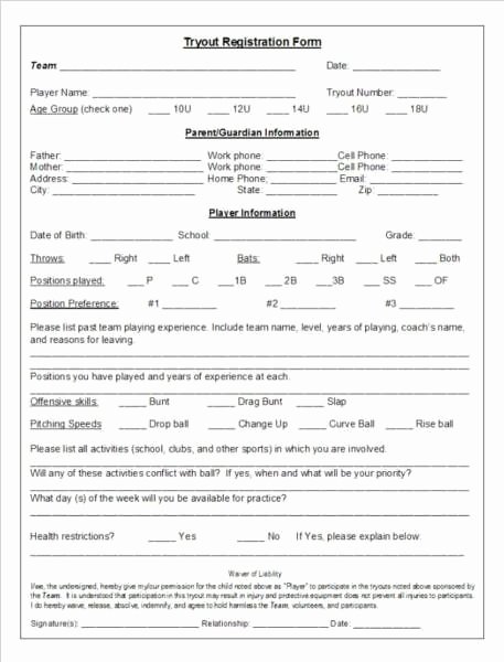 Basketball tournament Registration form Template New Baseball Tryout Registration form Template Templates