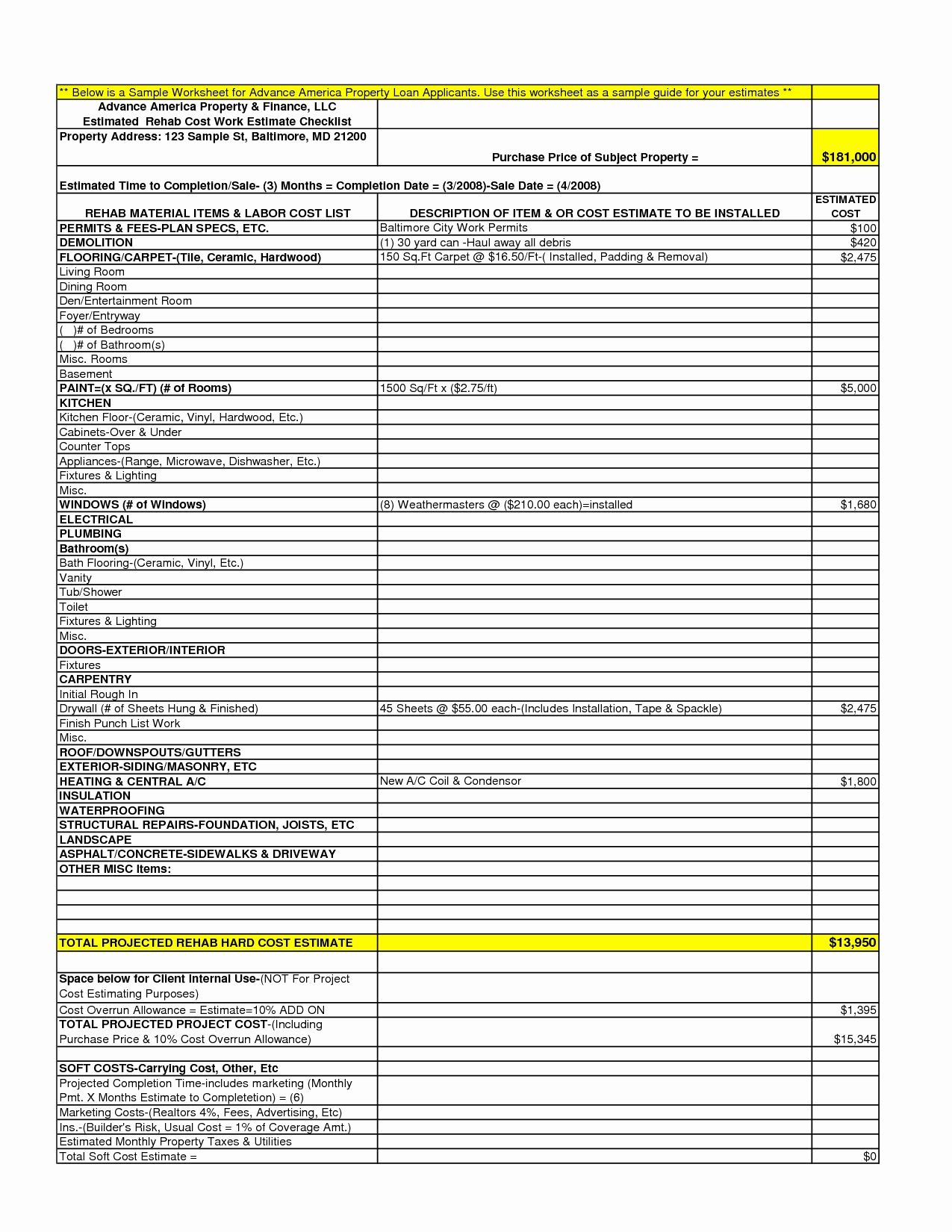 Bathroom Remodel Checklist Excel Luxury Home Remodeling Estimator Cost Estimate Template