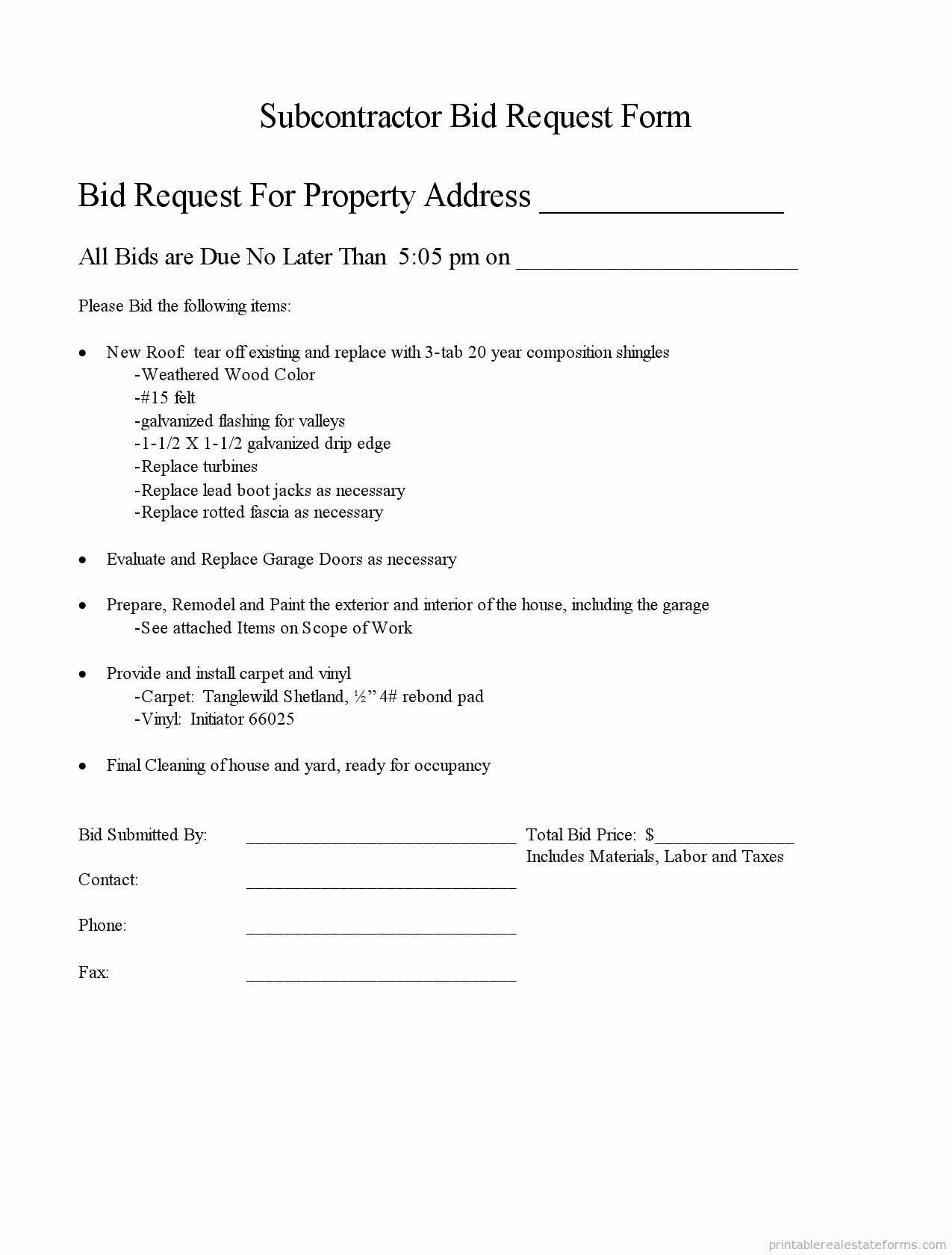 Bid Request form Template Elegant Printable Subcontractor Bid Request form and Standardized