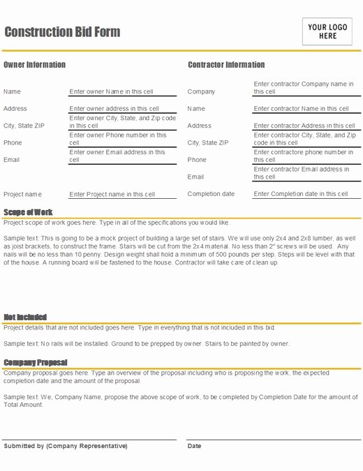 Bid Request form Template Luxury Construction Bid form