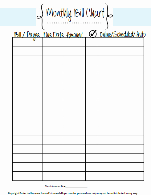Bill organizer Spreadsheet Elegant Free Printable Bill Chart